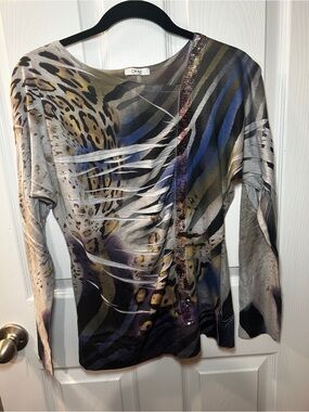 Cache Animal Print Long-Sleeve Women's Knit Top in Multi-Color